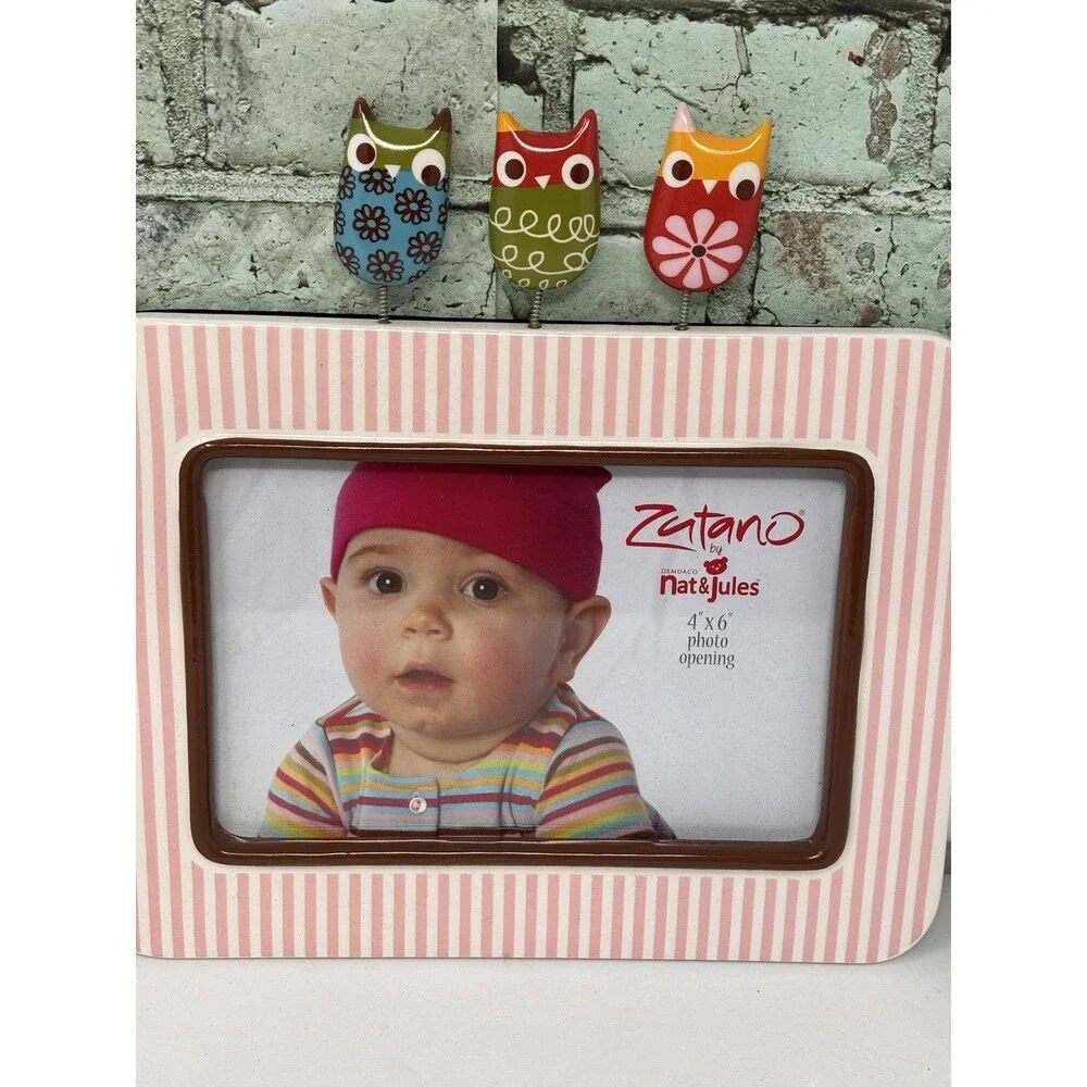 Demdaco Nat & Jules Girls Striped Pink White Ceramic Picture Frame Owls 4 X6”